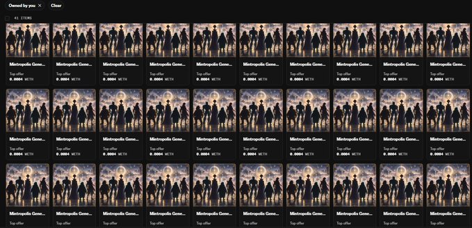 A grid of 30 NFT listings on a marketplace shows identical 'Metropolis Game...' items priced at 0.0004 ETH, all offering a Top offer, owned by user 'mctn'.