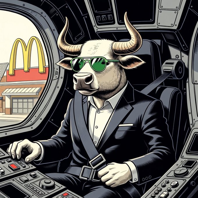 A digital illustration shows a bull wearing a suit and sunglasses sitting in a cockpit seat with a McDonald's logo visible through the window.