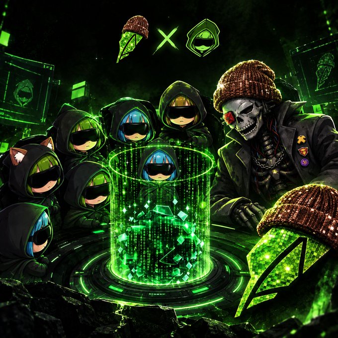 A skull-faced figure in a beanie and hoodie joins a group of hooded characters and cat avatars around a glowing green digital portal with the Robinhood Chain logo, symbolizing the distribution of tokenized stocks on-chain.