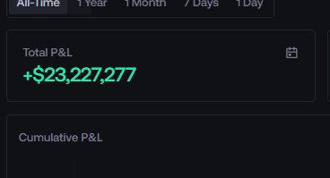 The image shows a trading dashboard screenshot displaying a Total P&L of +$23,227,277, which the poster cites as personal earnings from using "Proxima" in their promotional guide. The dashboard includes tabs for "All-time," "1 Year," "1 Month," "7 Days," and "1 Day," with a "Cumulative P&L" section visible below, serving as visual proof to support their claim of having made "23 million USD" from the platform.