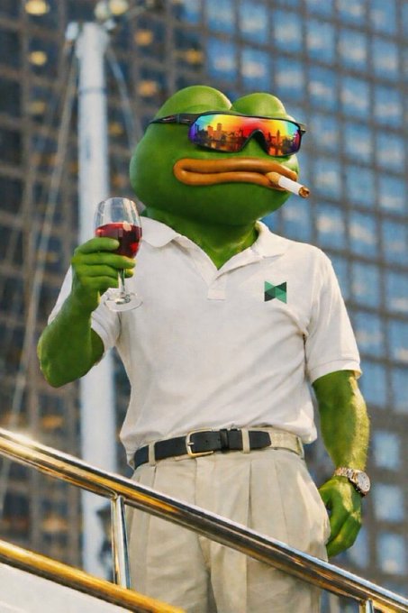 A green anthropomorphic frog wearing reflective sunglasses, a white polo shirt, and beige pants holds a glass of red wine and a cigarette, standing on what appears to be a boat with a building in the background.