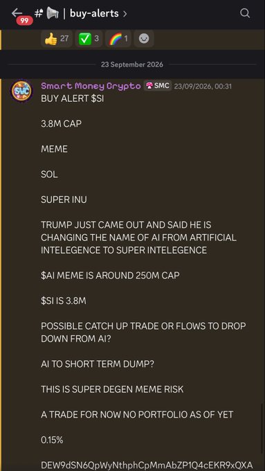 A Discord screenshot from a "buy-alerts" channel dated September 23, 2026, showing a "Smart Money Crypto" alert for ticker $SI, with a 3.8M market cap and labeled as a "SUPER DEGEN MEME RISK." The post relates to the caption's mention of a 10x call, referencing the $SI token flagged in the alert as a speculative meme trade recommendation.