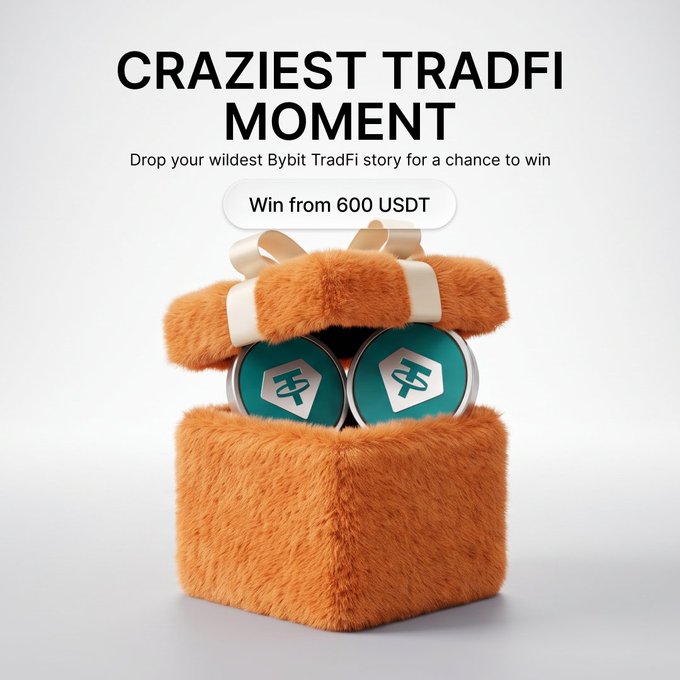A promotional graphic titled "CRAZIEST TRADFI MOMENT" with the text "Win from 600 USDT" above a fuzzy orange gift box containing two green Bybit coins.