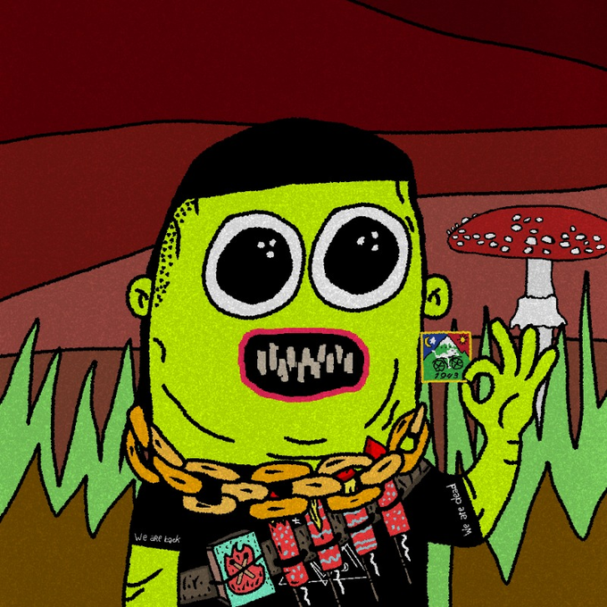 A cartoon illustration of a green-skinned character with large black eyes and a gold chain, making an 'OK' hand gesture in a grassy field with a mushroom; text reads 'We are back' and 'PEOPLE DO IT'.