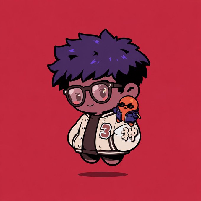 A chibi-style cartoon character with purple hair, glasses, and a white varsity jacket with the number '3' and a Chinese character, holding a small orange creature, set against a solid red background.