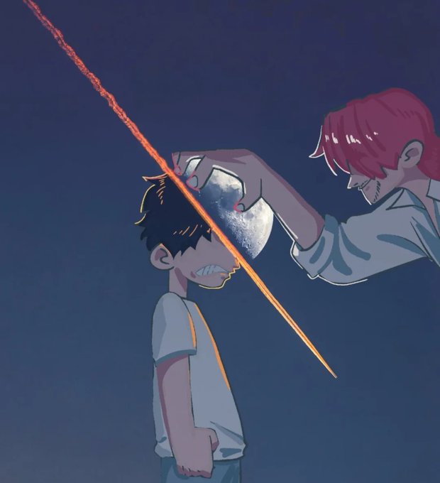 An anime-style illustration depicts a tense scene where a red-haired figure in a white shirt places a mask over the face of a crying boy with dark hair, with a bright red diagonal line slashing across the composition.