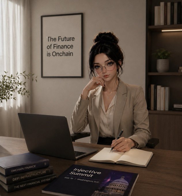 An illustrated scene of a woman with glasses working at a desk with a laptop and notebook, with a framed poster reading 'The Future of Finance is Onchain', books on 'Onchain Finance' and 'DeFi Infrastructure', and a brochure for the 'Injective Summit' on July 10 in Washington, D.C.