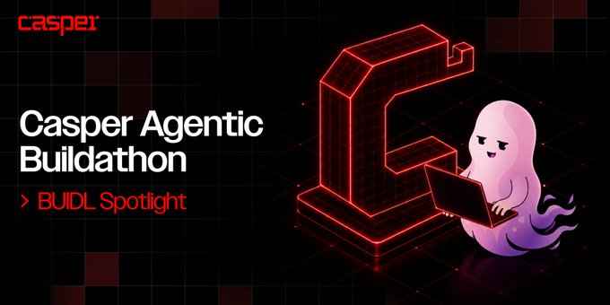 The image is a promotional banner for the "Casper Agentic Buildathon > BUIDL Spotlight," featuring the Casper logo, a large neon red 3D "C" emblem, and a pink ghost mascot typing on a laptop. It ties to the post by highlighting standout projects from the buildathon ahead of its July 7 qualification deadline.