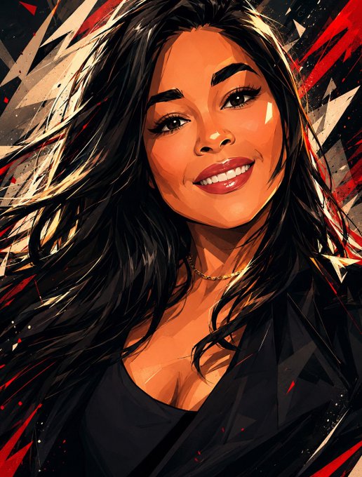 A stylized digital portrait of a smiling woman with long dark hair against a background of red and black shards.