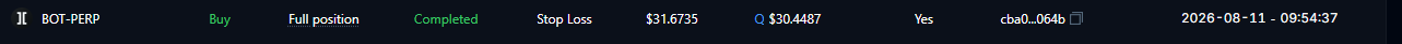 A trading record displaying: BOT-PERP, Buy, Full position, Completed, Stop Loss $31.6735, Q $30.4487, Yes, cba0...064b, dated 2026-08-11 - 09:54:37.