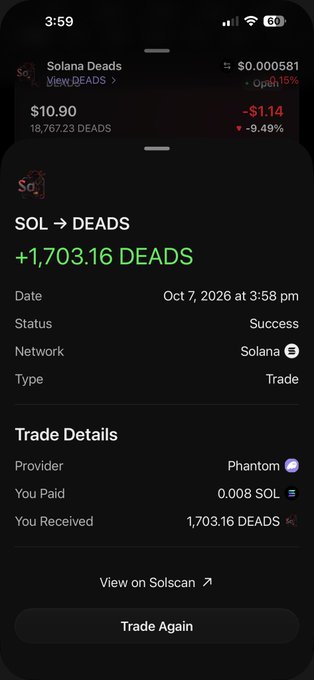 A Phantom wallet app screenshot on iPhone showing a successful SOL → DEADS trade where 0.008 SOL was exchanged for 1,703.16 DEADS, with the current price showing $10.90 (-9.49%).