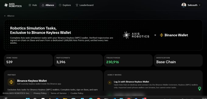 A screenshot of an Axis Robotics webpage showing 'Robotics Simulation Tasks, Exclusive to Binance Keyless Wallet' with 539 tasks and 230,916 trajectories.