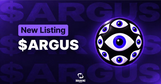 The image is a promotional graphic for the new cryptocurrency listing of $ARGUS on the Houdini exchange, featuring a striking spherical design covered in stylized eyes against a purple background with the text "New Listing $ARGUS" and the Houdini logo, visually emphasizing the "All eyes on Argus" theme from the post.