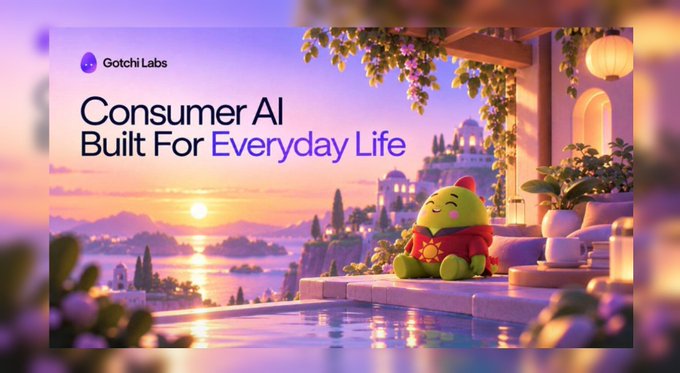 A promotional banner for Gotchi Labs featuring a green cartoon character by a pool, with text reading "Consumer AI Built For Everyday Life."