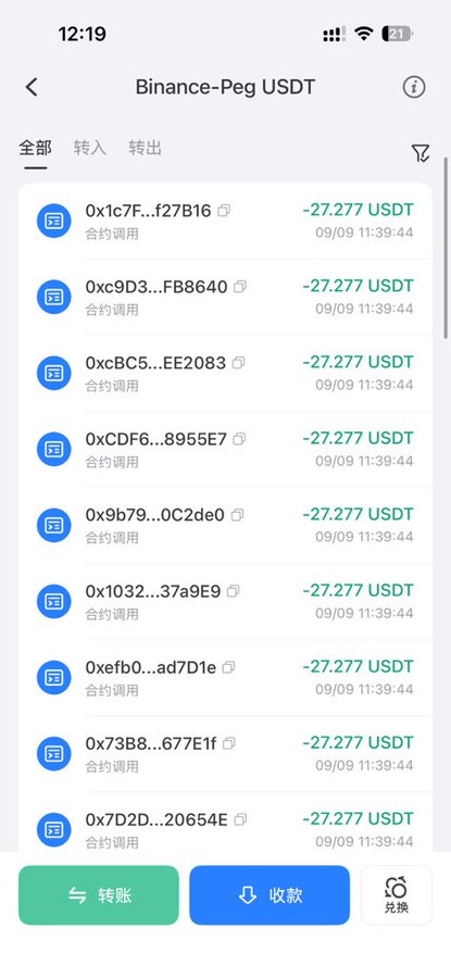 A screenshot of a Binance-Peg USDT wallet showing multiple transactions of -27.277 USDT from various contract addresses dated 09/09 11:39:44, with Chinese buttons for transfer, receive, and exchange.