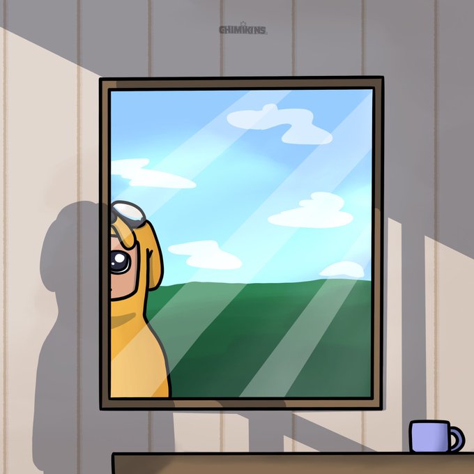 A cartoon illustration by Chimikings showing a character in a yellow hoodie peeking out from behind a window frame, looking at a sunny sky with clouds over a green landscape, with a coffee mug on the table below.