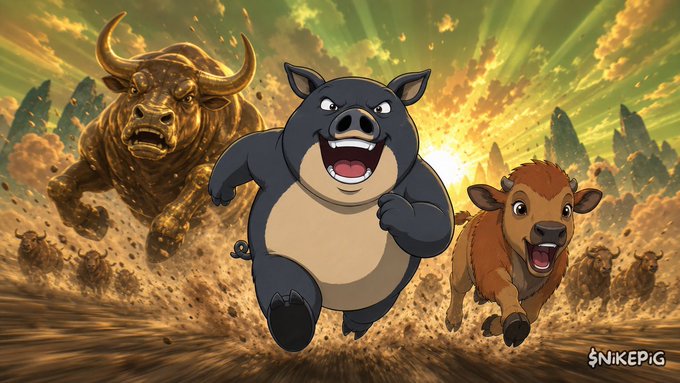 A digital illustration depicting a cartoonish pig running alongside a golden bull and a bull, set against a dramatic sunset landscape; the image is watermarked 'SNiKEPiG'.