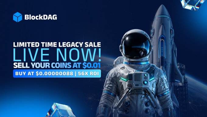 The image features an advertisement for an online marketplace that offers the opportunity for users to sell their coins at a 50% ROI (Return On Investment) with limited-time availability. The text overlays on the image reads "LIMITED TIME LEGACY SALE LIVE NOW! Sell your coins at $0.01 - BUY BDAG: $0.00000088 56X ROI AVAILABLE FOR 6", promoting a buy and hold strategy for gaining long-term returns from coin collecting. The advertisement also indicates the post is hosted by BlockDag, emphasizing its reputation in the industry.