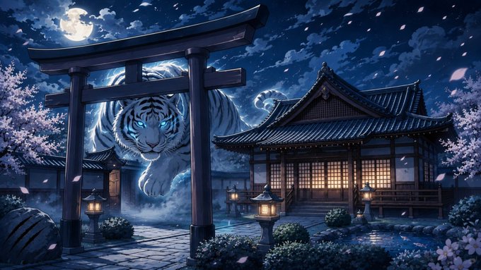 Anime-style fantasy artwork depicting a glowing white tiger with blue eyes emerging from a torii gate, with a traditional Japanese temple, lanterns, and cherry blossoms under a full moonlit night sky.
