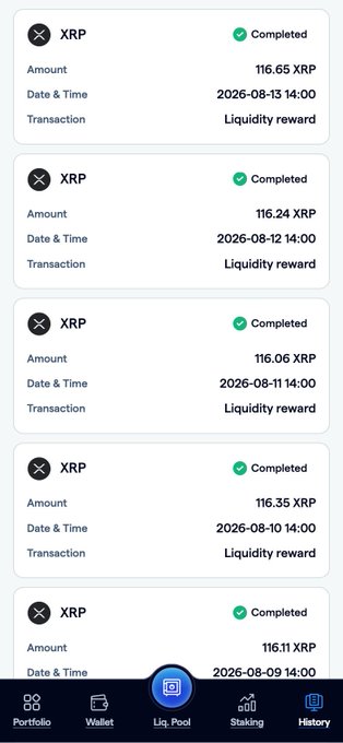 The image shows a mobile app interface displaying five completed XRP liquidity reward transactions from the FortisX "Liq. Pool" tab, with amounts ranging from 116.06 to 116.65 XRP dated between August 9-13, 2026. The dashboard visually confirms the post's claim about consistent, verifiable XRP liquidity rewards appearing in user history, with bottom navigation showing Portfolio, Wallet, Liq. Pool, Staking, and History sections.