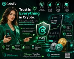A CoinEx promotional graphic features the headline “Trust is Everything in Crypto,” a 100% reserve ratio claim, and visible “10M+” and “24/7” metrics, emphasizing the platform’s security and service claims. It loosely complements the post’s bullish message about President Trump meeting crypto leaders to advance the CLARITY Act, though it contains no direct reference to the meeting or legislation.