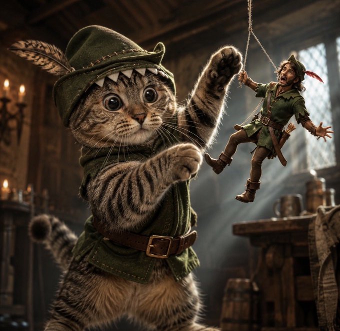 A digital illustration of a tabby cat dressed as Robin Hood in a green tunic and feathered cap, pulling on a rope that dangles a surprised man dressed as an outlaw in a rustic wooden tavern setting.