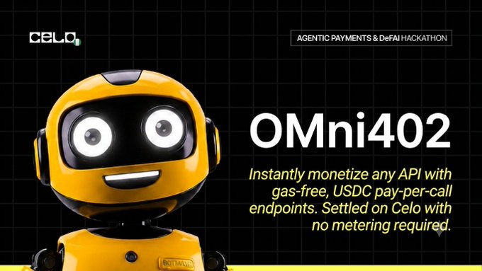 A promotional banner for the Celo Agentic Payments & DeFi Hackathon features a friendly yellow robot mascot alongside the text "OMni402," which describes the project as a way to "Instantly monetize any API with gas-free, USDC pay-per-call endpoints" settled on Celo without metering required.