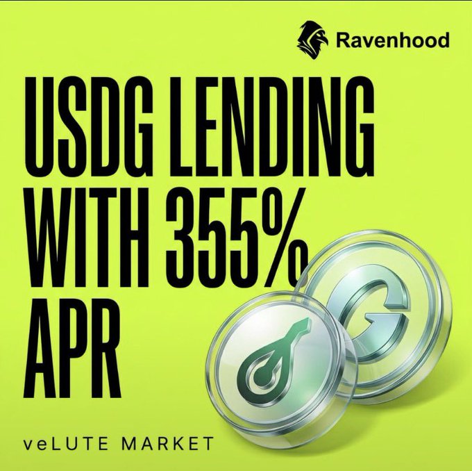 A promotional graphic with a green background advertising "USDG LENDING WITH 355% APR" by Ravenhood at veLUTE MARKET, featuring 3D coin graphics.