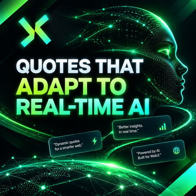 A promotional graphic with a glowing green digital head and network connections, displaying the text 'QUOTES THAT ADAPT TO REAL-TIME AI' alongside smaller quote bubbles reading 'Better insights. In real time.', 'Dynamic quotes for a smarter web.', and 'Powered by AI. Built for Web3.'