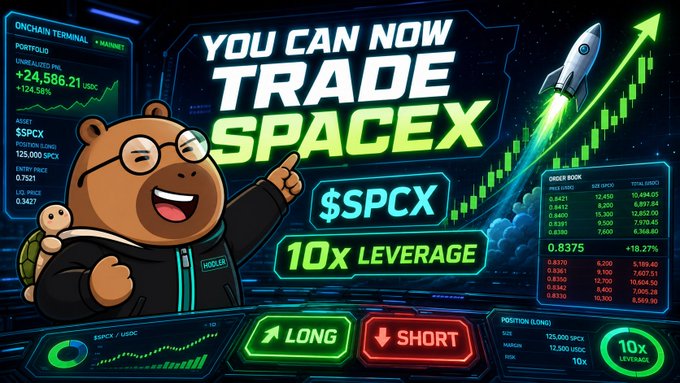 The image features a cartoon bear wearing glasses standing against an energetic background with the text "You Can Now Trade Spacex" above his head, indicating that he's promoting a cryptocurrency trading platform called "SPCX". The bear also has two other characters present in the scene, one on each side of him. These characters appear to be engaged in different activities, suggesting they may be interacting with or reviewing the new trading platform together.