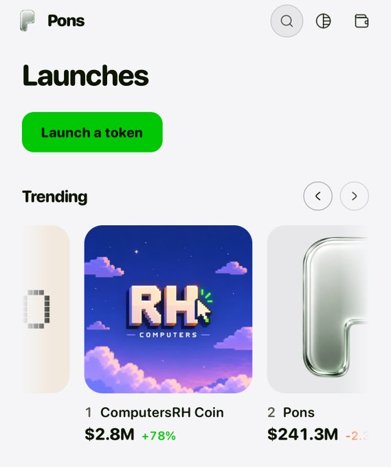 A screenshot of the Pons app's "Launches" tab showing trending tokens, with "ComputersRH Coin" at #1 with a $2.8M market cap and +78% gain, next to "Pons" at #2 with $241.3M.

The image is used to highlight that ComputersRH Coin's $2.8M market cap actually represents the creator's earnings from a 600M token reward pool, suggesting they effectively made this amount while others who bought in early at 10k lost their investment.