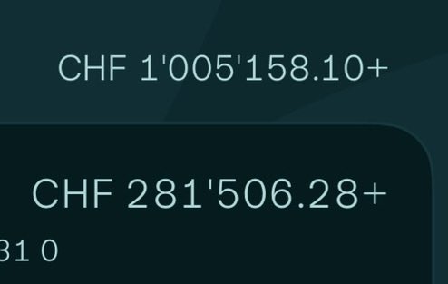 The image displays financial balances in Swiss Francs (CHF), showing amounts like CHF 1'005'158.10+ and CHF 281'506.28+, which aligns with the post about deploying more capital to buy Bitcoin.