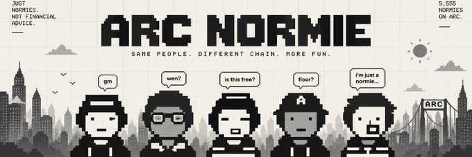 A pixel-art promotional banner for "Arc Normie" features five pixelated characters on a city skyline background with speech bubbles reading "gm," "wen?," "is this free?," "floor?," and "i'm just a normie..." alongside text stating "JUST NORMIES, NOT FINANCIAL ADVICE," "5,555 NORMIES ON ARC," and "SAME PEOPLE. DIFFERENT CHAIN. MORE FUN." The image visually promotes the post's giveaway of 8x GTD and 10x FCFS spots for the Arc Normies NFT collection—a 5,555-supply free mint on the Arc blockchain featuring relatable "ordinary people" rather than traditional heroic characters.