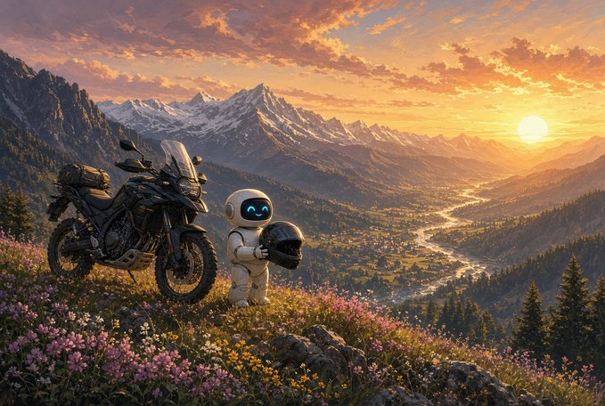 A small white robot with a smiling digital face stands in a flower-filled mountain meadow holding a black helmet, next to a parked adventure motorcycle, with snow-capped peaks and a winding valley bathed in golden sunset light in the background.