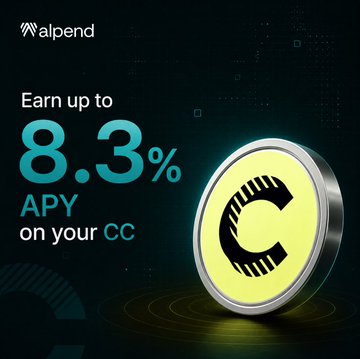 An advertisement for Alpend featuring a glowing yellow coin with a stylized 'C' logo, offering 'Earn up to 8.3% APY on your CC' against a dark background with digital patterns.