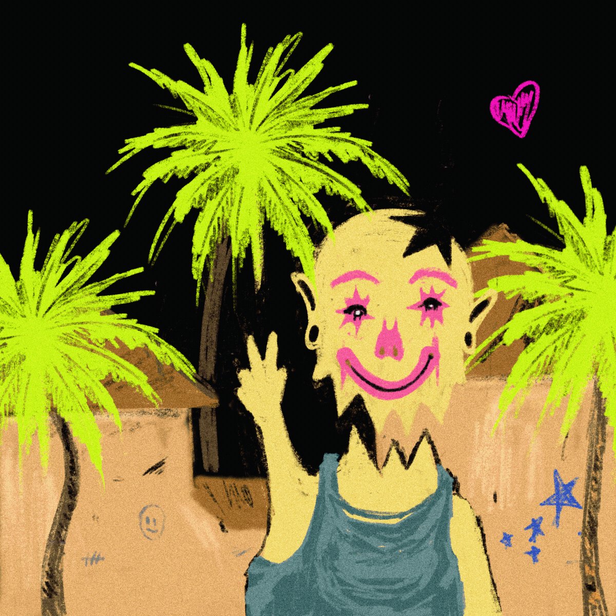 The image features a cartoon clown with a pink nose, wearing a blue shirt, waving at the camera while standing next to two palm trees. The background of the image includes a night sky filled with stars and a pink heart floating above the scene. The caption for this image reads "Gm Live auction 1/1 @objktcom The plp. Peace love and palm! Link".