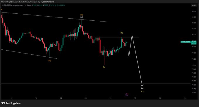 A TradingView 1-hour chart of the Hyperliquid Perpetual Contract ($HYPE) showing Elliott Wave analysis with labeled waves (c), (a), and (b), featuring a projected sharp downward arrow toward a final low before an anticipated larger upward move, supporting the post's view of another drop followed by a bigger pump.
