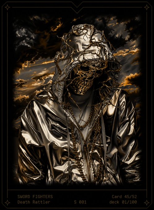 A dark fantasy NFT-style trading card titled 'SWORD FIGHTERS - Death Rattler,' Card 45/52, deck 01/100, featuring a skeletal figure in a metallic hood and robes against a stormy sky.