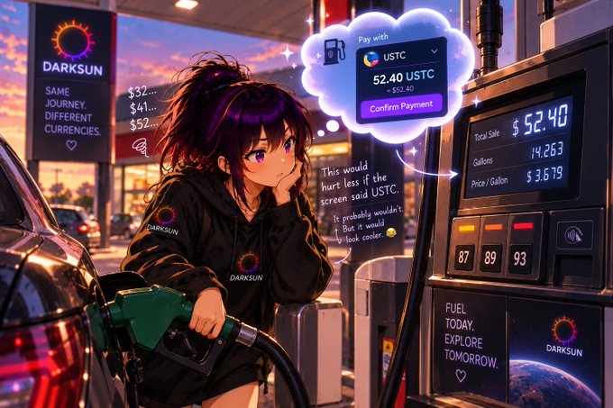 An anime-style illustration shows a girl at a 'DARKSUN' gas station holding a fuel nozzle, with a thought bubble displaying a USTC payment screen showing '52.40 USTC' and 'Total Sale $52.40'.