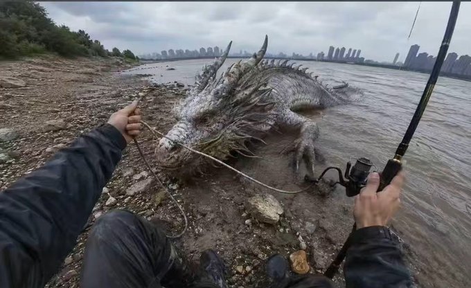A first-person view of someone holding a fishing rod with a large horned iguana-like creature on the muddy shore of a river with a city skyline in the background.