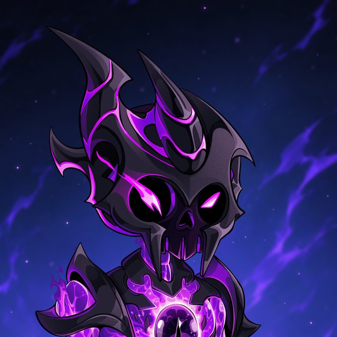 A digital illustration of a menacing dark demonic character with glowing purple eyes and purple flame-like energy emanating from its armored body, set against a dark blue starry sky with purple clouds.