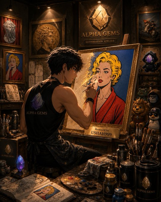An anime-style digital illustration depicts a male artist working in the 'ALPHA GEMS Restoration Atelier', painting a Marilyn Monroe portrait labeled 'Remixed by USHAH999'.