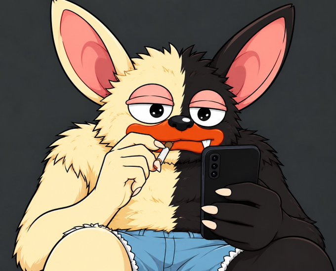 A cartoon illustration of a furry, two-toned cream and black creature with large pointed ears, holding a cigarette and a black smartphone, wearing blue jeans.