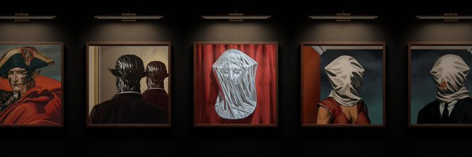 "alpha - Icons collection by @Degen_Alfie" showcases a series of iconic artworks, including Napoleon and masked figures, presented in a gallery setting to highlight the artist's "iconic works."