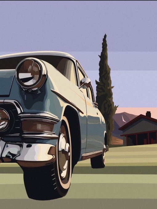 A stylized digital illustration of a vintage light blue and white car parked on a green lawn, with a tall cypress tree, mountains, and a house visible in the background.