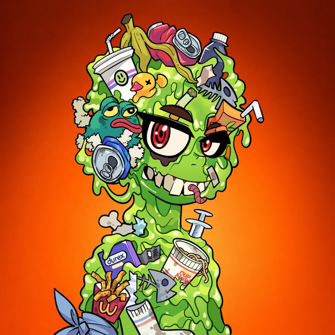 A cartoonish green slime monster with mismatched eyes and a crooked grin is covered in an assortment of trash and objects, including a soda cup, banana peel, soda can, french fries, McDonald's cup, and a Durex condom box, set against an orange gradient background.

The grotesque, trash-covered creature embodies the "Zero To Hero Academy" theme of crafting bold, unconventional characters with strong personality—its grimy, unconventional aesthetic reinforces the project's emphasis on distinctive, memorable 1/1 NFT art that refuses to blend in.