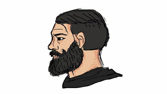 A side-profile digital illustration of a bearded man with dark hair wearing a black shirt.