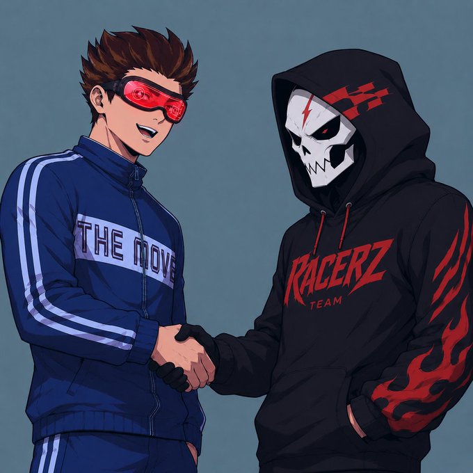 The image features two men shaking hands, one wearing a hoodie with "Racerz" written on it and the other wearing a hoodie with "KratuSinners" written on it. The background of the image is blue, which complements the colors of their hoodies. There are also red glasses visible in the scene. The post includes text that reads: 
"KratuSinners welcome @Racerz_eth Team. Thank you @Michelangel_art and @KratusFTL/@notitchi for the generous allocation".