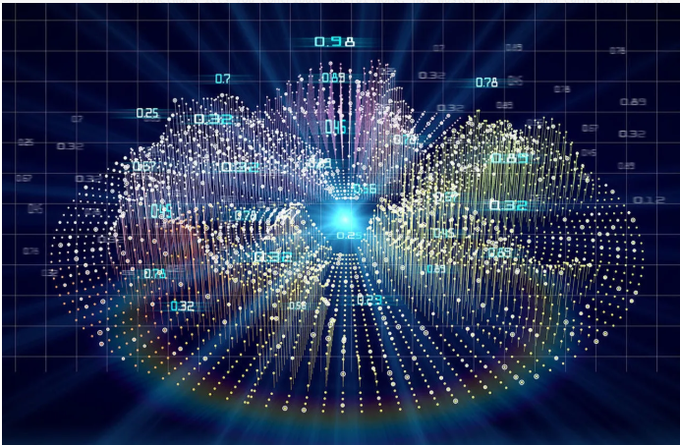 An abstract digital graphic shows a glowing blue core surrounded by colorful particles and numbers, set against a dark blue grid background.