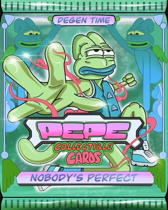 The image features a green card with a cartoon frog character, which appears to be a Peepo (Peanuts) themed collectible card. The card has a message that reads "nobody's perfect" written below the frog character. This suggests that the card is related to the Peepo Collectible Cards series and might be part of an ongoing collection or a special edition release.